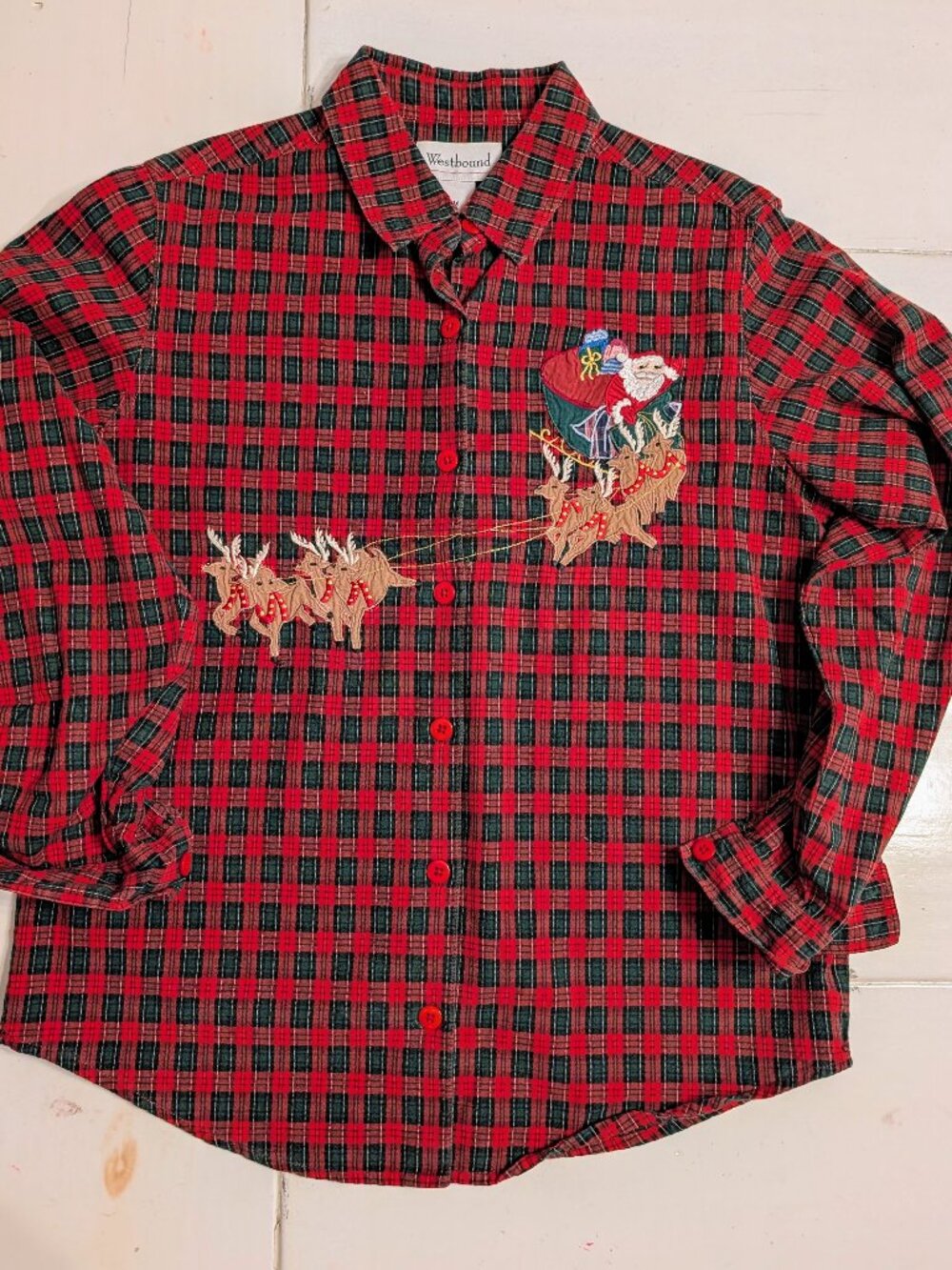 VTG Westbound Christmas Plaid Flannel Shirt Sz M Red Santa Reindeer Applique